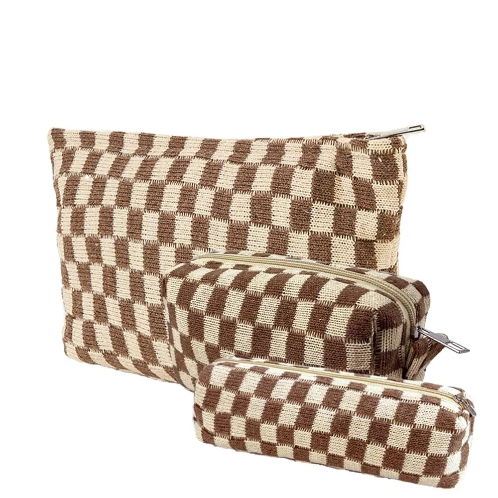 trousse de maquillage à carreaux 3 pièces, trousse de toilette de voyage, sac de pinceaux de maquillage mignon, sacs à cosmétiques pour femmes, sacs de maquillage à fermeture éclair pour sac à main