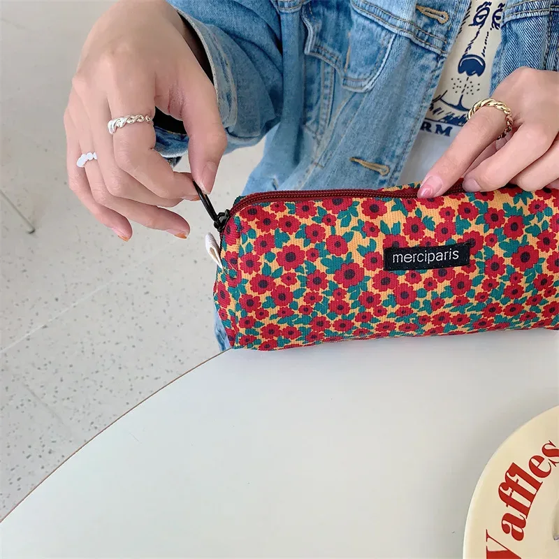 trousse à crayons en velours côtelé, joli sac de rangement portable de voyage pour rouge à lèvres cosmétique, stylo de papeterie, sac de maquillage, organisateur de sac à main