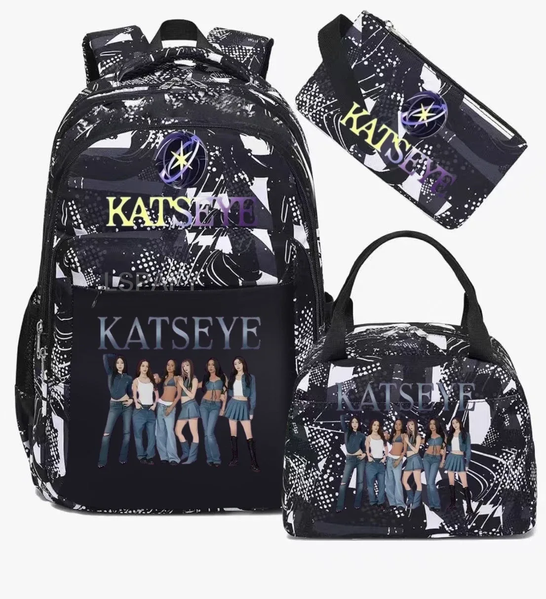 sacs d'école imprimés fashion katseye, ensemble de 3 pièces, sac à dos pour l'école primaire, garçons et filles, sac à dos de sport avec sac à lunch et trousse à crayons