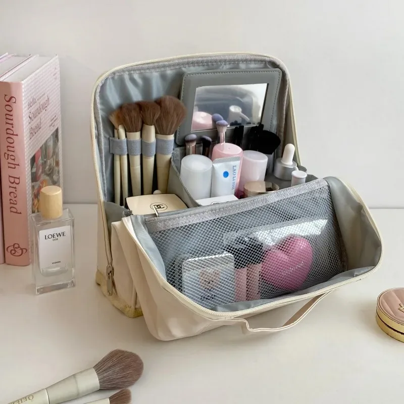 sac de maquillage portable grande capacité pour femmes, sac de voyage suspendu avec compartiments et miroir intégré, sac de rangement