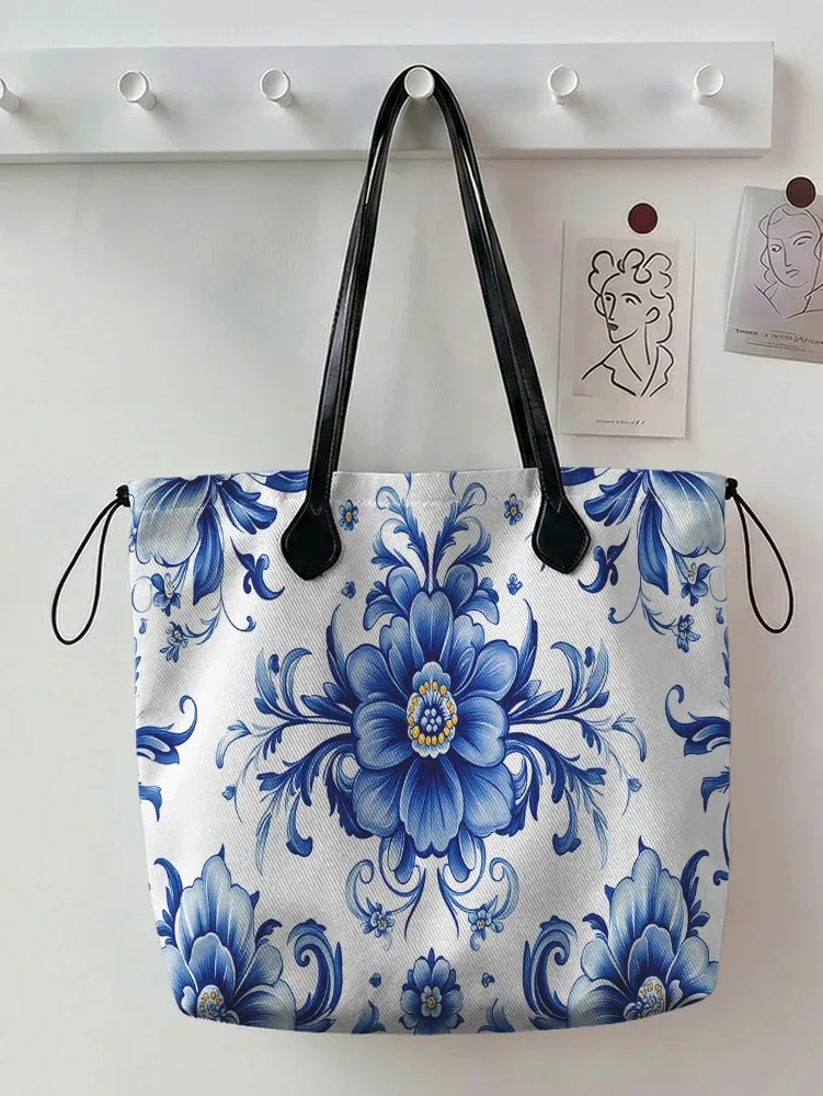 sac fourre-tout en toile à imprimé floral en porcelaine bleue et blanche, sac à bandoulière de grande capacité pour le shopping, les voyages et l'usage quotidien