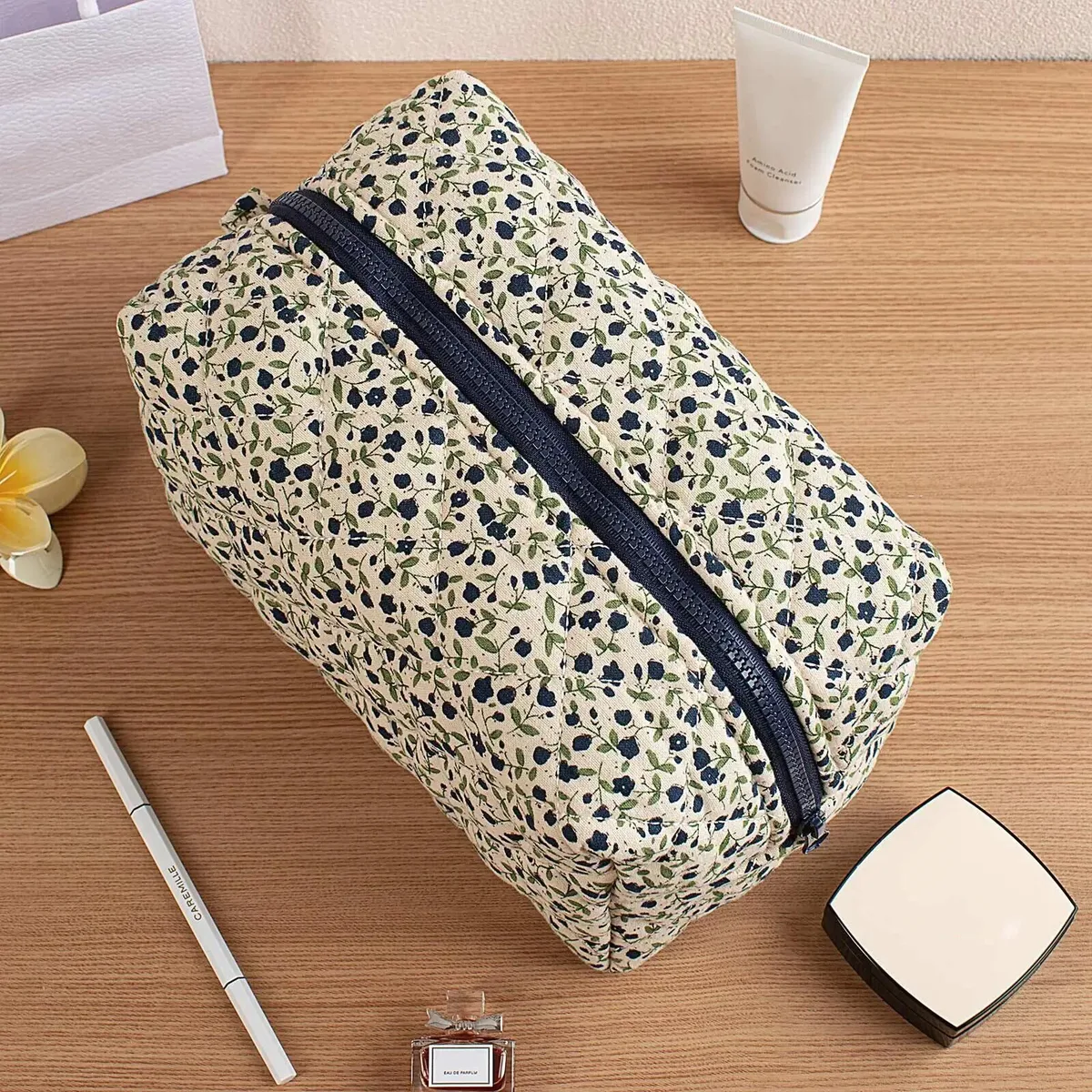 1pc fleur imprimé gonflé matelassé fermeture éclair maquillage sac organisateur de rangement toilette sac à main pochette cosmétique grand voyage sac cosmétique
