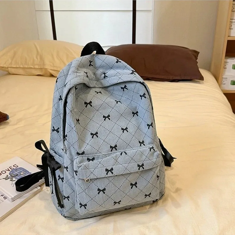 sac à dos en velours côtelé style coréen tendance, grande capacité, imprimé nœud, avec bretelles réglables, pour collégiens