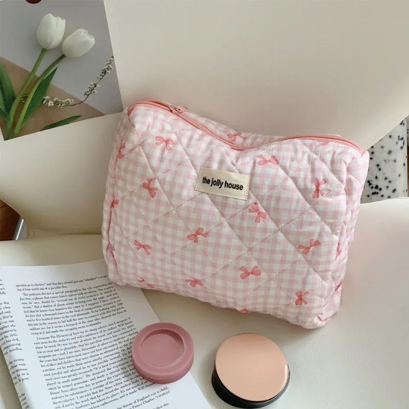 trousse de maquillage en coton avec nœud mignon pour femmes, organisateur de cosmétiques à fermeture éclair, boîte en tissu en forme de trousse de toilette portable pour filles