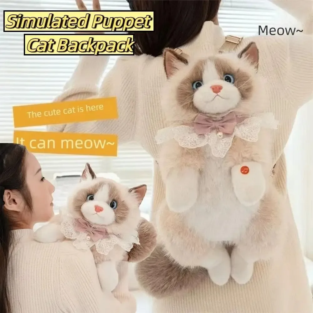 Nouveau Sac à Dos Chat Réaliste de Haute Qualité, Sac à Dos Chaton Simulé, Sac à Dos Scolaire Doux et Moelleux, Sac à Dos de Jour Mignon Style Dessin Animé