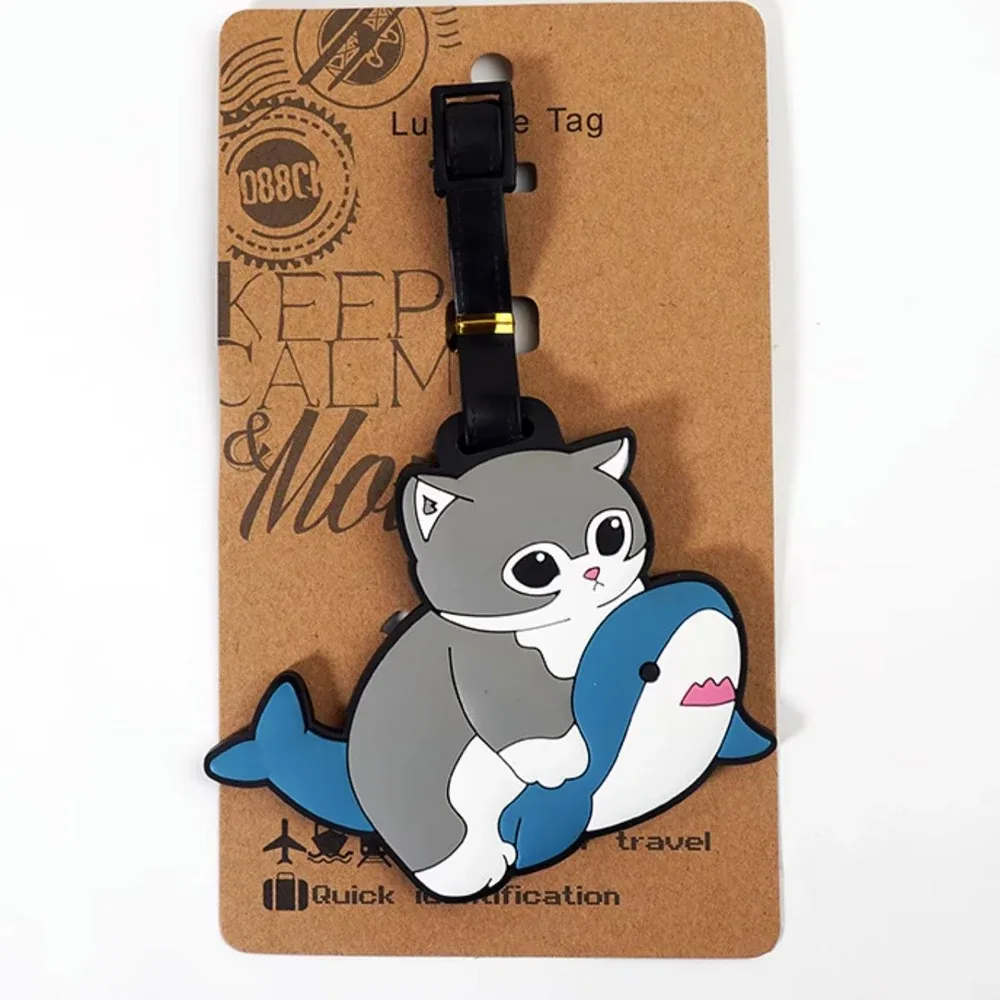 nouvelle étiquette de bagage mignonne en forme de requin et de chat, porte-carte de bus en pvc de dessin animé, housse portable pour valise de voyage, étiquette anti-perte, étiquette d'adresse