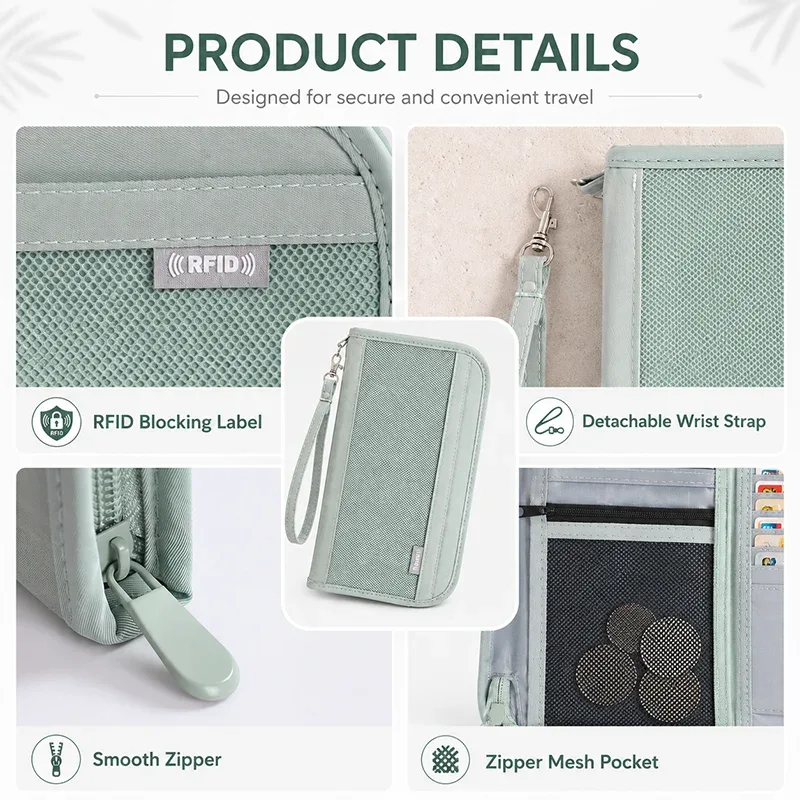 portefeuille de voyage rfid, organiseur de passeport, porte-documents, porte-cartes, pochette de rangement pour billets et argent avec dragonne pour le voyage