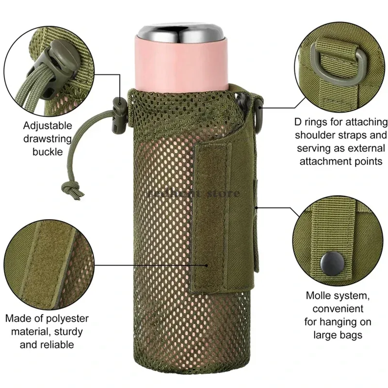 pochette pour bouteille d'eau avec sangles molle, clip ceinture, mousqueton, sac de rangement pliable en maille pour voyage, pêche, chasse, randonnée