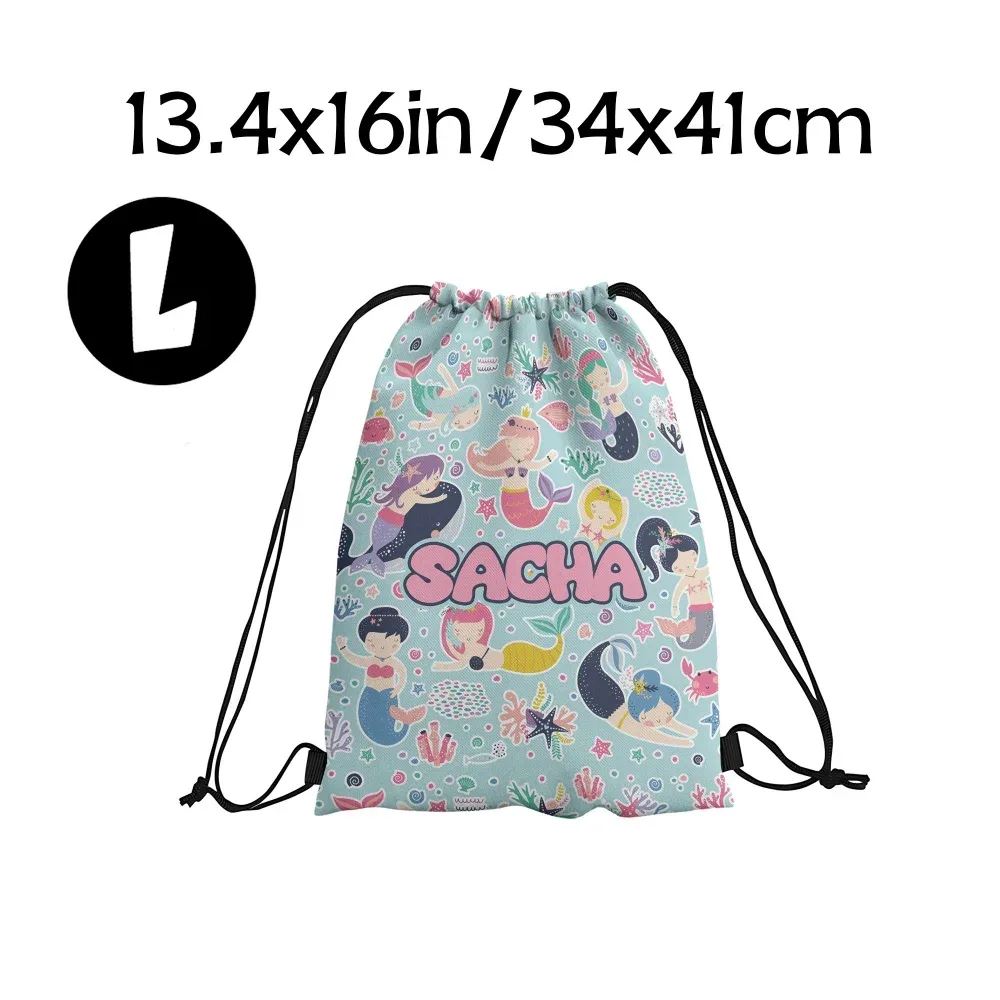 sac à dos à cordon de serrage personnalisé avec nom de créature marine sirène, sac de sport personnalisé 4 couleurs pour enfants, cadeau de fête d'anniversaire, de sport ou de plage