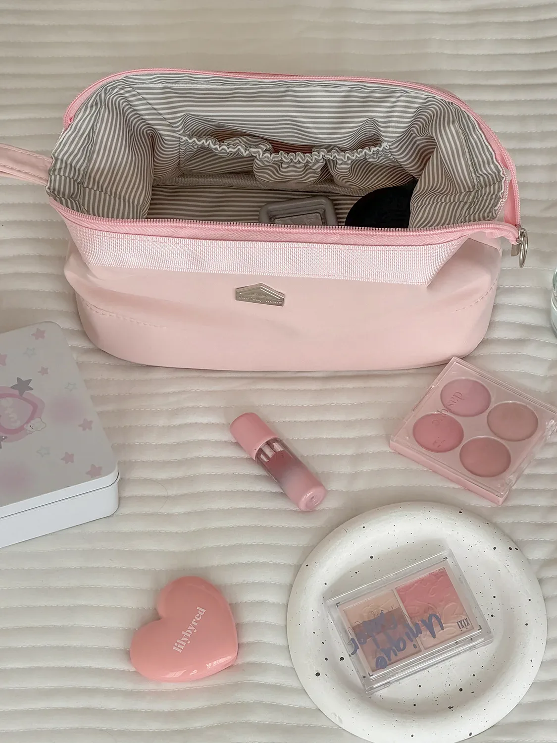 trousse de maquillage yt grande capacité à ouverture large, simple et élégante, avec compartiments, sac de rangement cosmétique, trousse de toilette