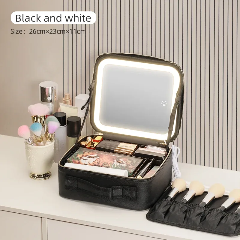 trousse de voyage pour maquillage avec miroir éclairé par led, 3 réglages réglables de couleur, trousse de maquillage de voyage avec séparateurs réglables,