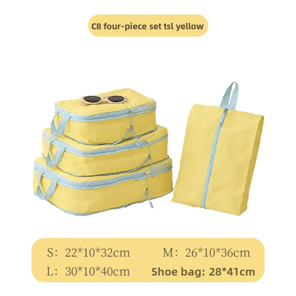 cubes de rangement taslan jaunes, ensemble de quatre pièces, organisateur de bagages à compression pour gagner de la place avec sac à chaussures pour les voyages en cabine et les vacances