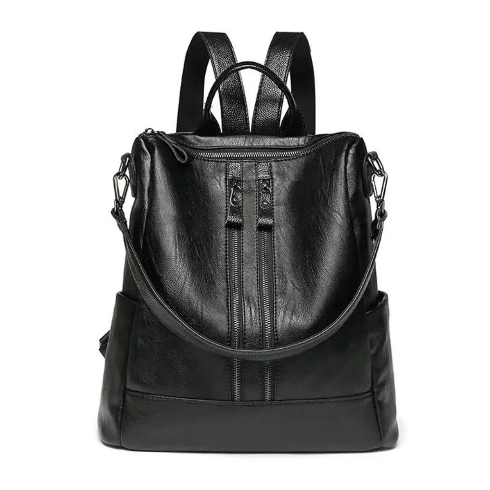sac à dos en cuir noir, cuir souple, bretelles réglables, style coréen, grande capacité, fermeture à glissière