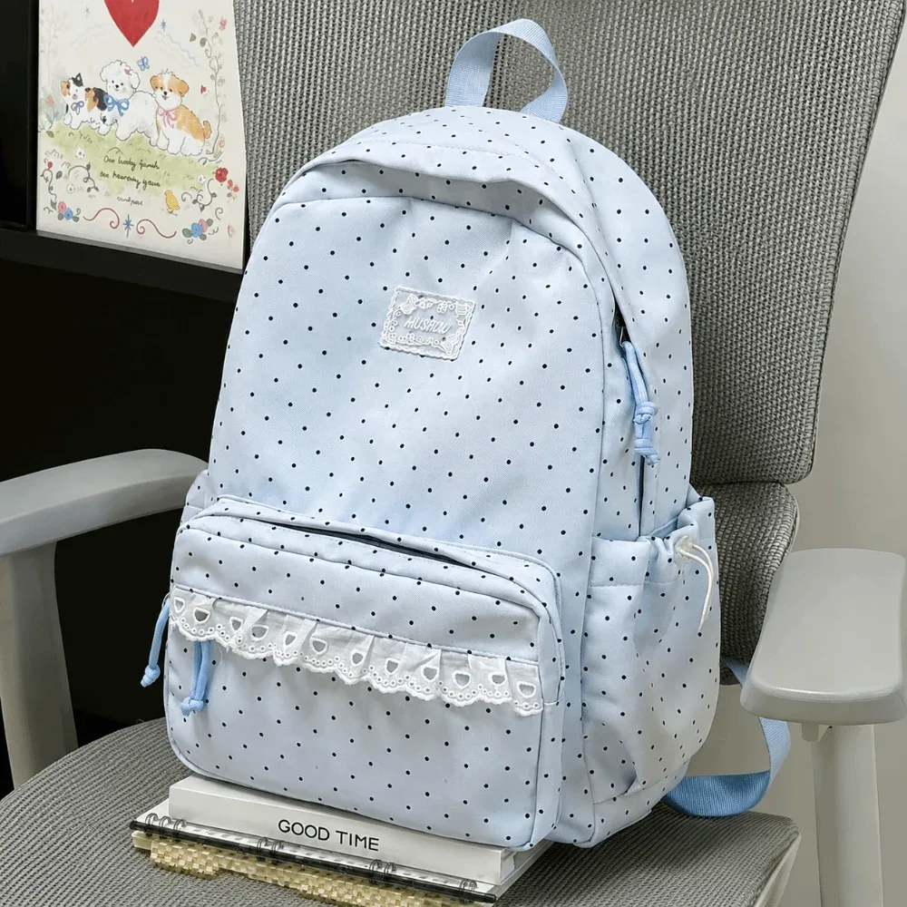 sac à dos de voyage mignon à pois, grande capacité, avec dentelle, cartable d'étudiant, sac à dos multi-poches en nylon pour ordinateur portable