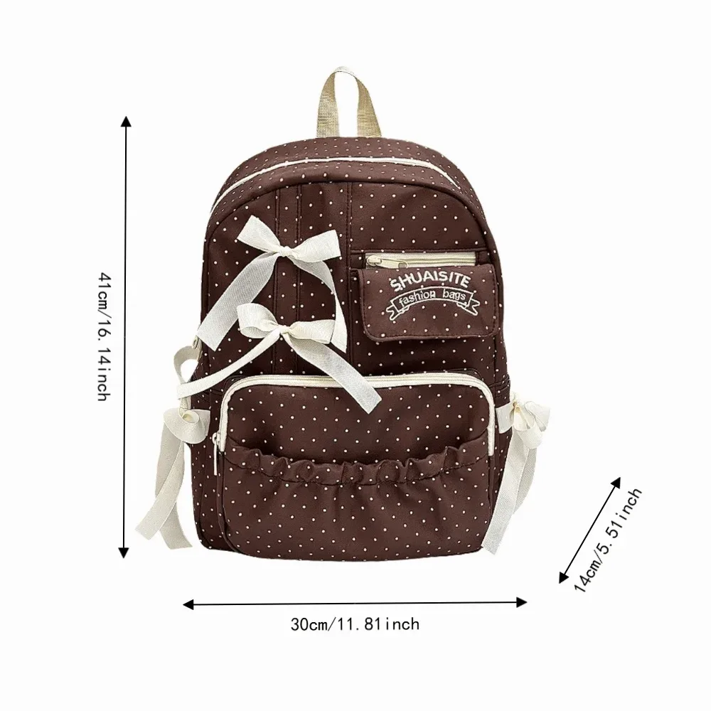sac à dos en nylon à pois avec nœud, grande capacité, fermeture éclair, sac d'école, doublure en polyester, sac à dos de voyage multi-compartiments