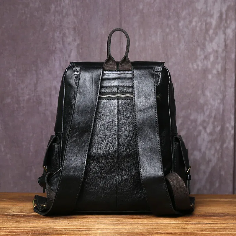sac à dos en cuir véritable fait à la main pour homme, couche supérieure simple, sac d'ordinateur en cuir de vachette avec fermeture éclair, cartable à la mode