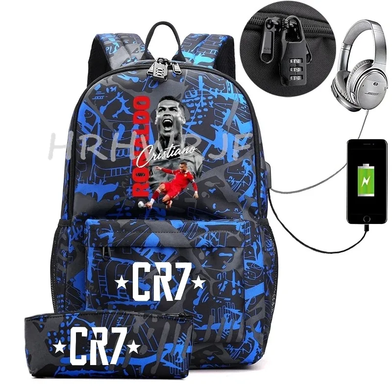 sac à dos usb cr7 pour femmes et hommes, sac à dos de voyage décontracté anti-vol, sacs d'école pour adolescents avec capacité pour ordinateur portable, avec trousse à crayons, 2 pièces