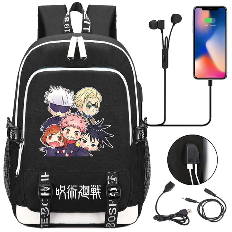 jujutsu kaisen anime sacs à dos adolescents livre cartable unisexe mode usb port de charge ordinateur portable voyage épaule en plein air mochila