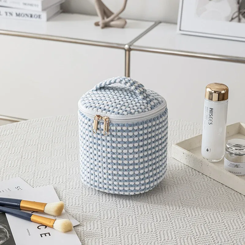 sacs de maquillage en peluche pour femmes, trousse à cosmétiques à fermeture éclair à carreaux, étui portable pour poudres de stockage d'évaluation cosmétique