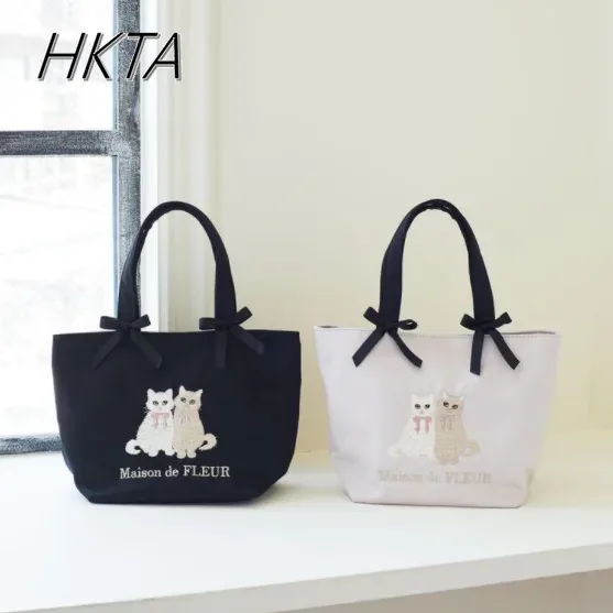 sac à main double chat brodé pour femme, sac fourre-tout rose doux, satin, double nœud, initié, mignon, japonais, printemps, nouveau, 2025