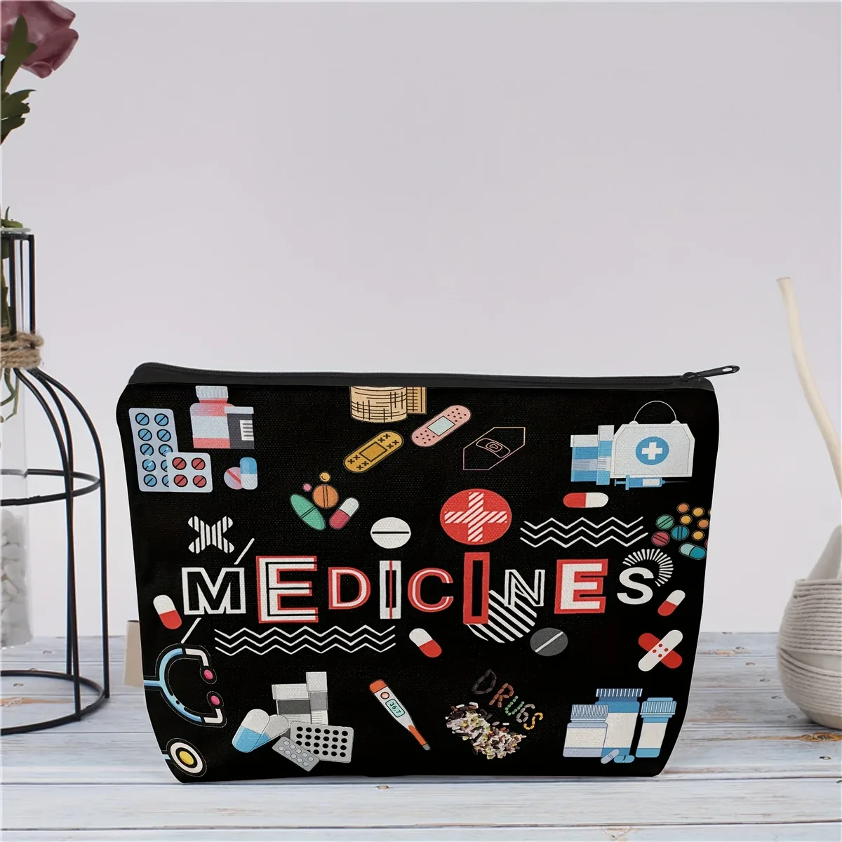 Sac organisateur de pilules sur le thème des médicaments – Pochette de voyage réutilisable à fermeture éclair pour cosmétiques et essentiels