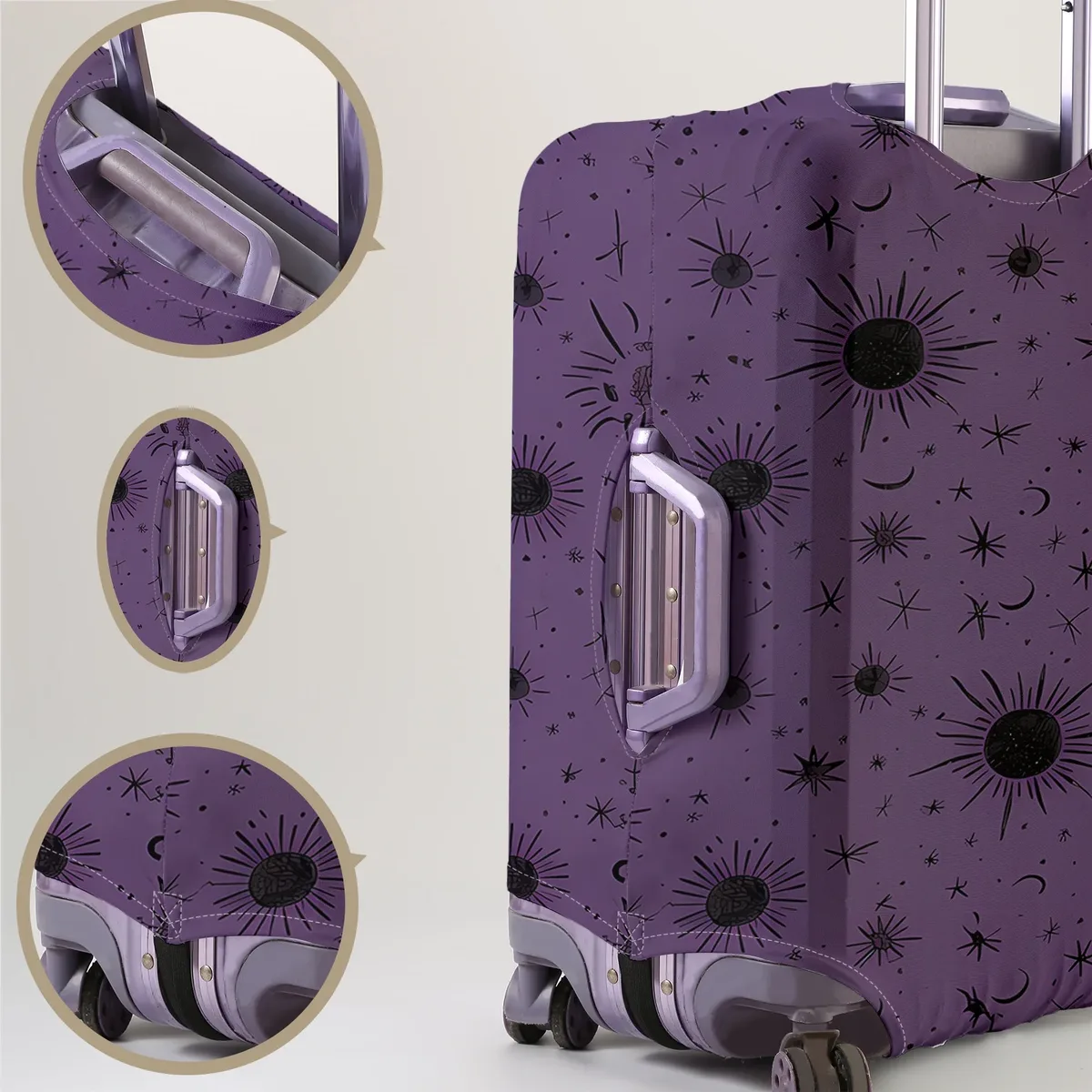 Housse de protection pour bagages à motif soleil, lune et étoiles violet, adaptée aux housses de bagages de 18 à 32 pouces, gants de protection pour poignée de bagage, accessoires de voyage