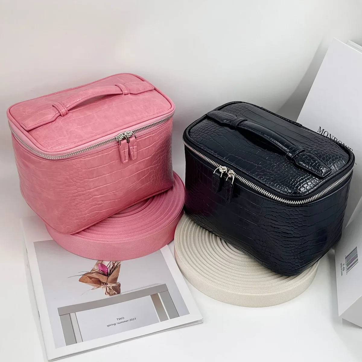 nouvelle trousse de toilette portable en pu à motif texturé effet pierre, grande capacité, sac de maquillage et de voyage pour femmes
