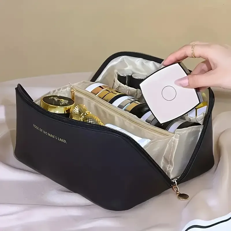 Trousse de Maquillage de Voyage, Grande Capacité, Trousse de Maquillage pour Femmes, Sac Portable Imperméable à Ouverture Plate, avec Séparateur et Poignée