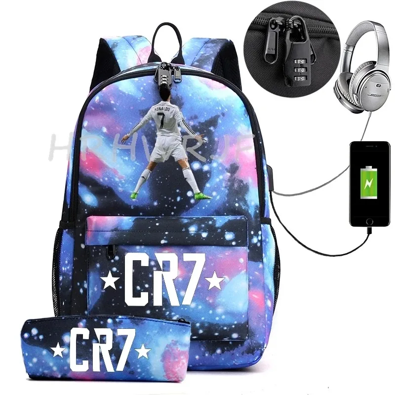sac à dos usb cr7 pour femmes et hommes, sac à dos de voyage décontracté anti-vol, sacs d'école pour adolescents avec capacité pour ordinateur portable, avec trousse à crayons, 2 pièces