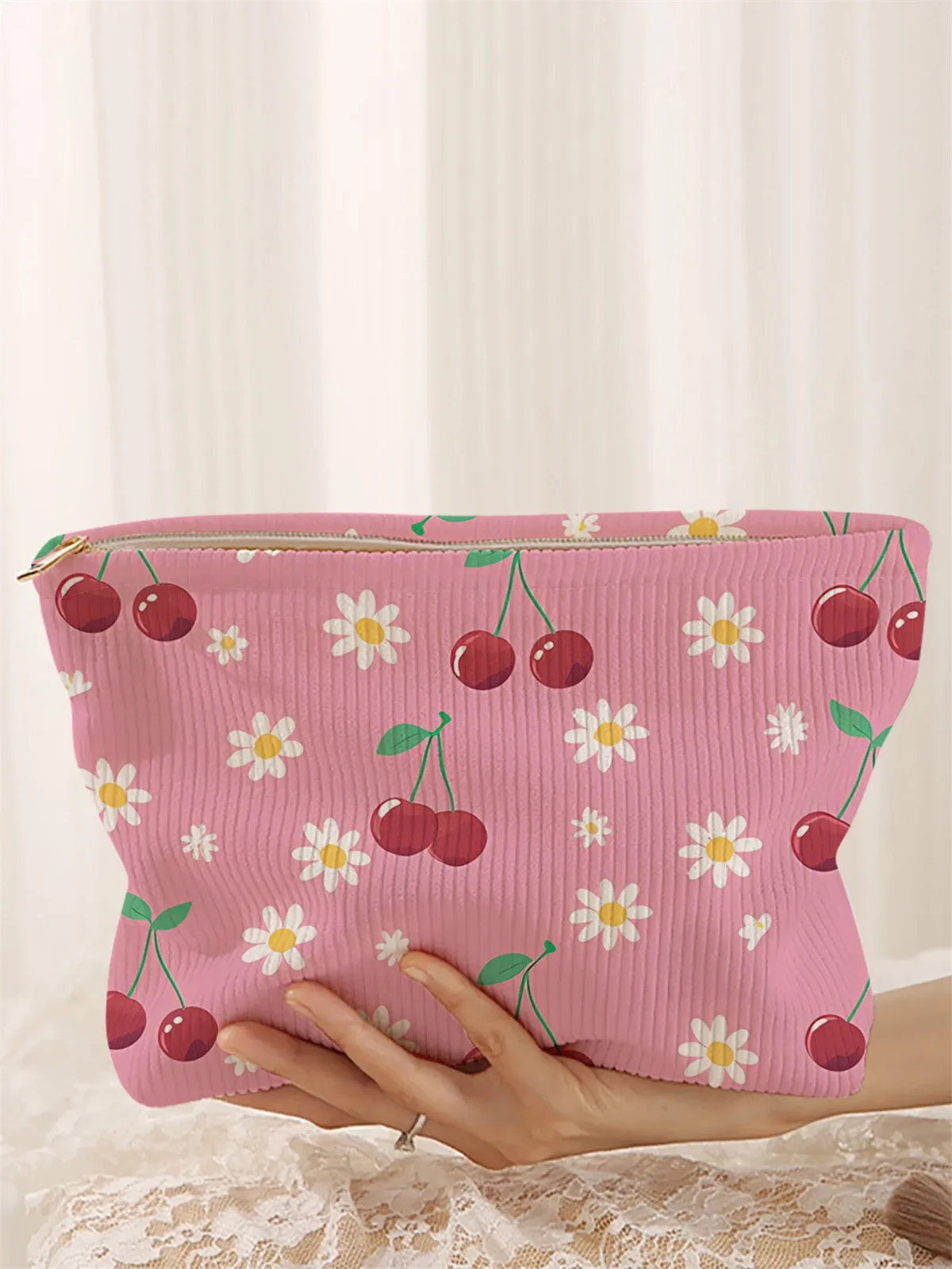 1 trousse de maquillage en velours côtelé à motifs cerises, boîte de rangement de maquillage légère à fermeture éclair, sac multifonctionnel avec doublure