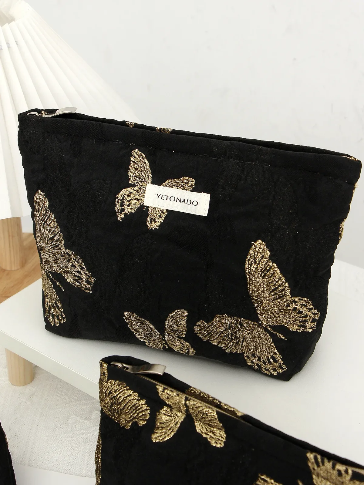 1 p/ensemble trousse de maquillage papillon noir, trousse de maquillage à fermeture éclair de grande capacité à la mode, sac de rangement multifonctionnel