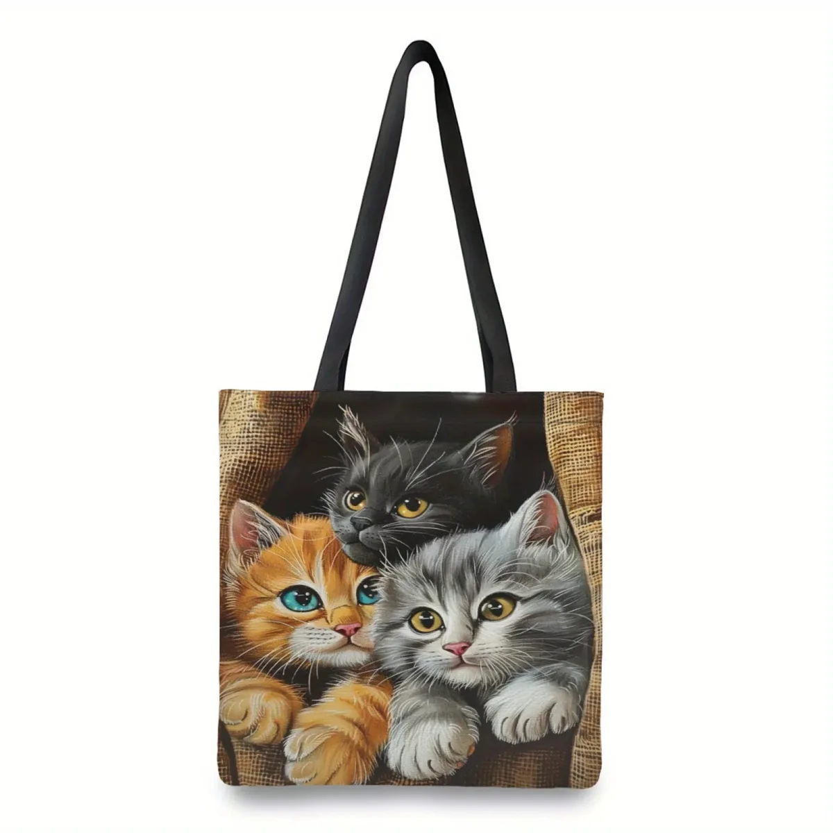 grand sac fourre-tout avec graphique de chat de dessin animé, sac à bandoulière pliable réutilisable en polyester pour femmes, sacs de rangement de voyage pour achats d'épicerie