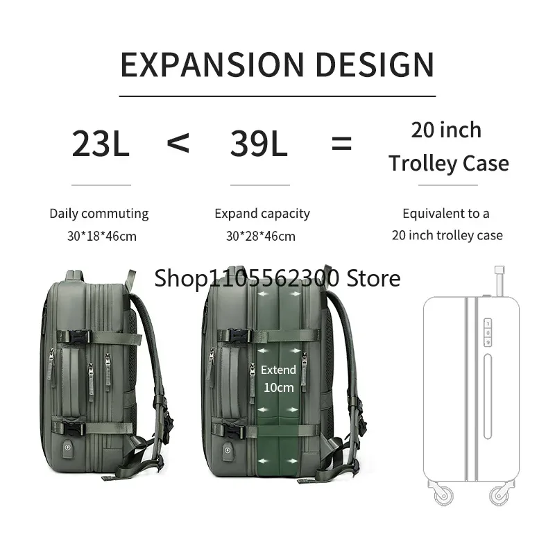 sac à dos de voyage pour hommes et femmes, extensible, 39l, pour randonnée, ordinateur portable, chargement usb, 17 pouces, étanche, pour l'école