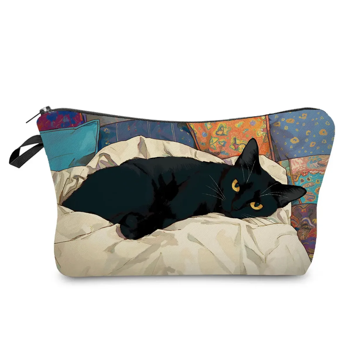 sacs de maquillage college chat noir pour femmes, sacs de rangement portables de voyage, impression d'animaux kawaii décontractés, sacs à cosmétiques double face avec fermeture éclair