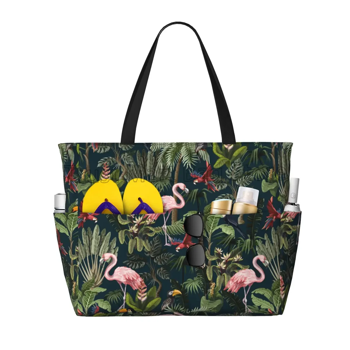 grand sac fourre-tout de plage imprimé flamant rose pour femmes, sac de voyage portable, sac de piscine étanche et résistant au sable pour la natation, la salle de sport, les vacances d'épicerie