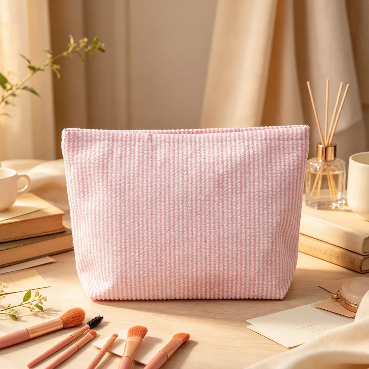 pochette à maquillage personnalisée en seersucker, pochette cosmétique en chenille avec nom, trousse de toilette de voyage, cadeau pour elle
