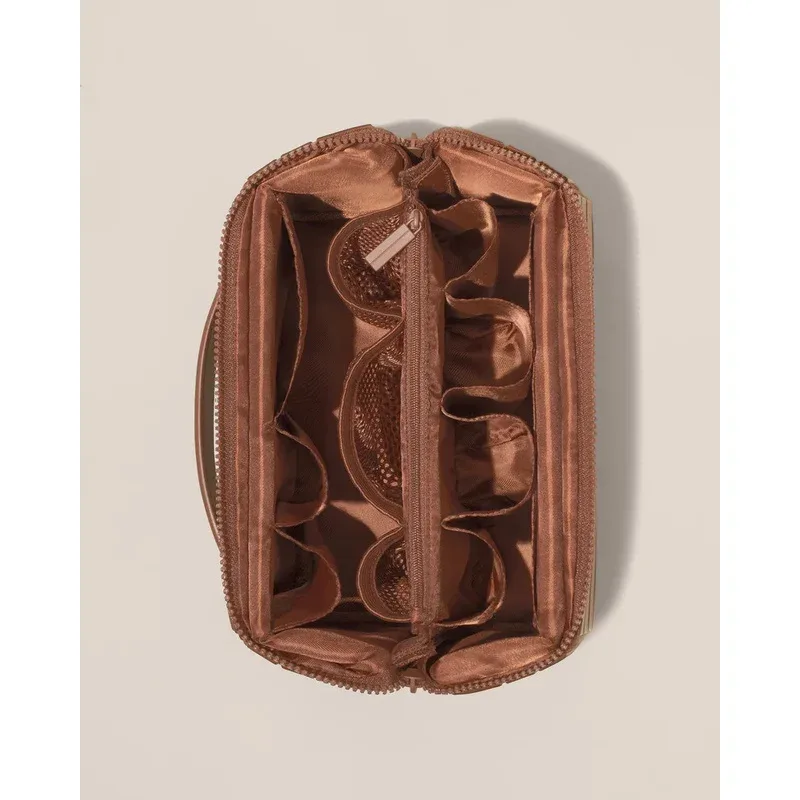 sac de voyage à maquillage en cuir pu rayé pour femme 2026, organiseur de cosmétiques chic à coque rigide portable grande capacité et double fermeture éclair