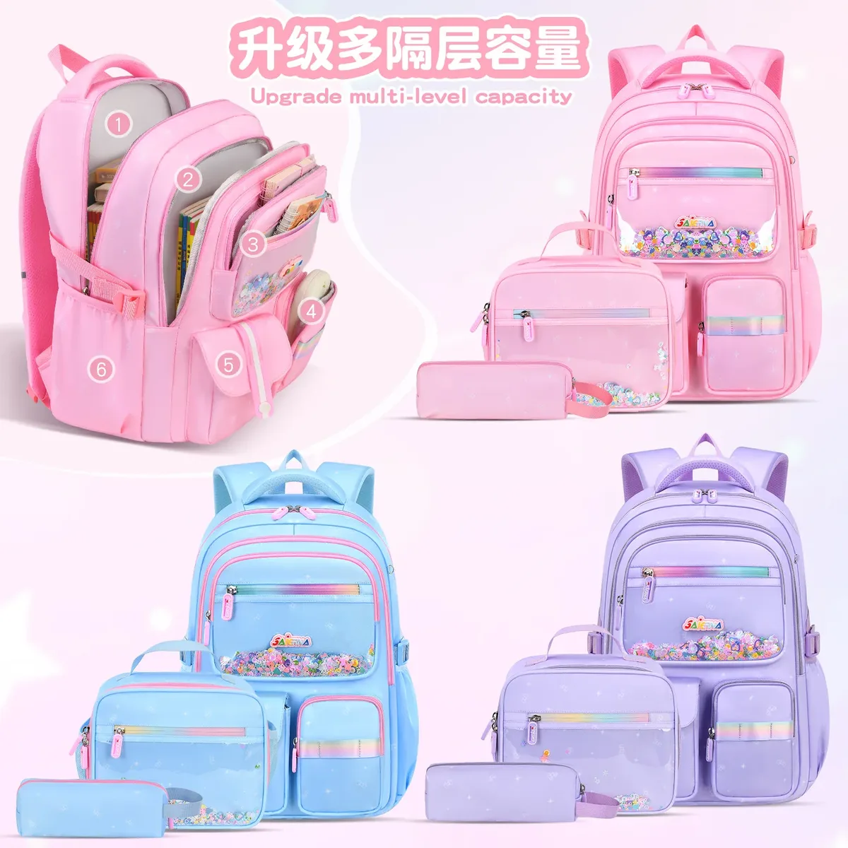 Sac à dos décontracté pour fille 2026 avec compartiment repas et trousse, pour collégienne, grande capacité, léger, imperméable, Mochilas