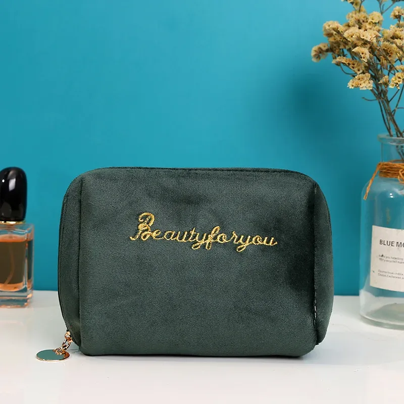 sac à cosmétiques pour femmes, fermeture éclair, lettre en velours brodée, pochette de maquillage solide pour cosmétiques, trousse de toilette, sacs de maquillage féminins