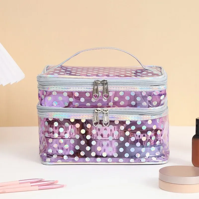 trousse de maquillage double couche en pvc transparent à pois, trousse de maquillage multifonctionnelle portable et étanche, grande capacité, rangement de voyage