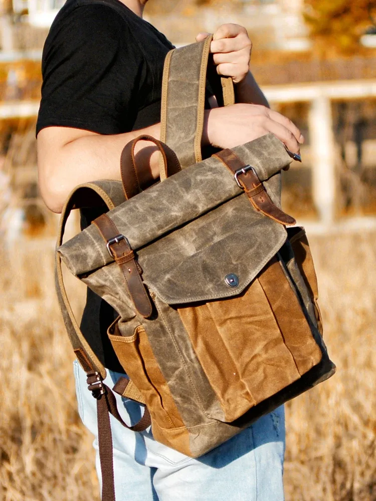 sacs à dos en toile vintage de luxe pour hommes, toile de cire d'huile, sac à dos de voyage en cuir, grands sacs de jour imperméables rétro