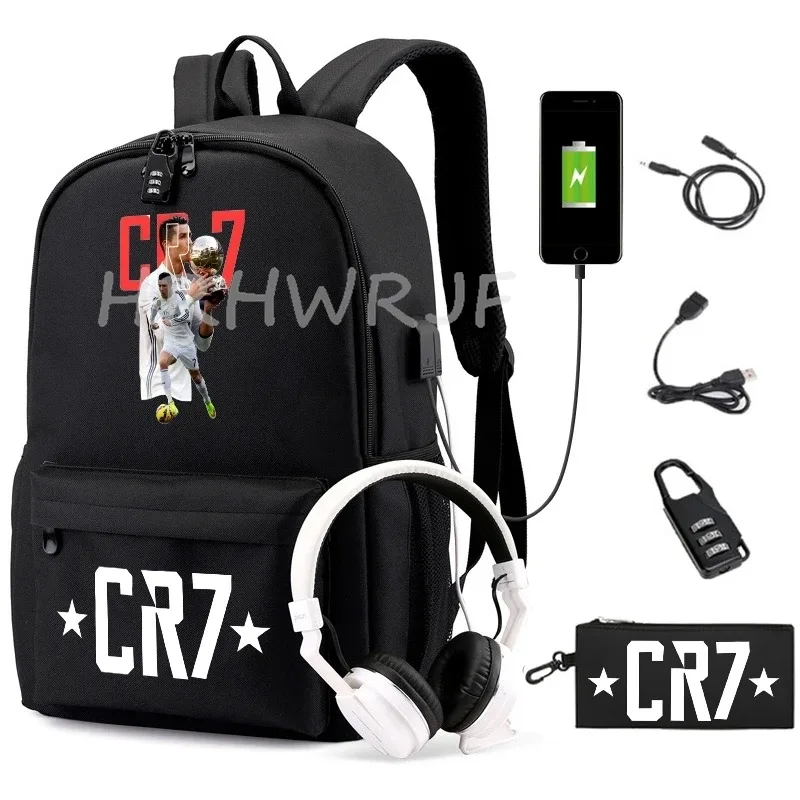 sac à dos usb cr7 pour femmes et hommes, sac à dos de voyage décontracté anti-vol, sacs d'école pour adolescents avec capacité pour ordinateur portable, avec trousse à crayons, 2 pièces