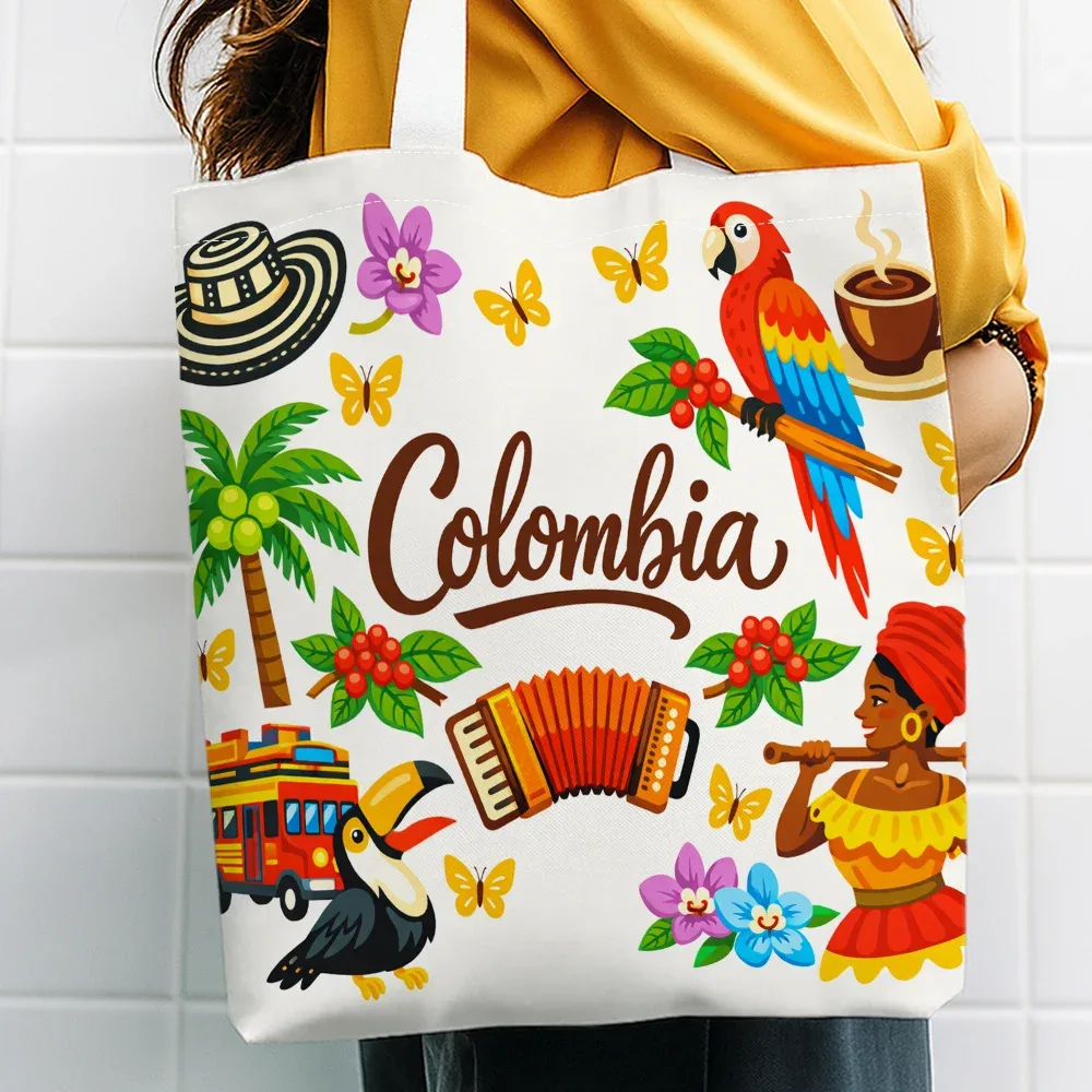 sac fourre-tout imprimé avec éléments culturels de la colombie, sac de courses réutilisable, adapté à un usage quotidien, aux courses, à l'école et aux voyages, 1 pièce