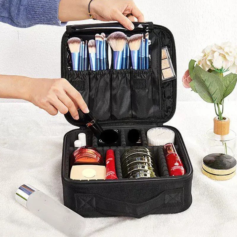trousse de maquillage professionnelle portable avec diviseurs ajustables et compartiment pour pinceaux – organisateur de cosmétiques pour artistes