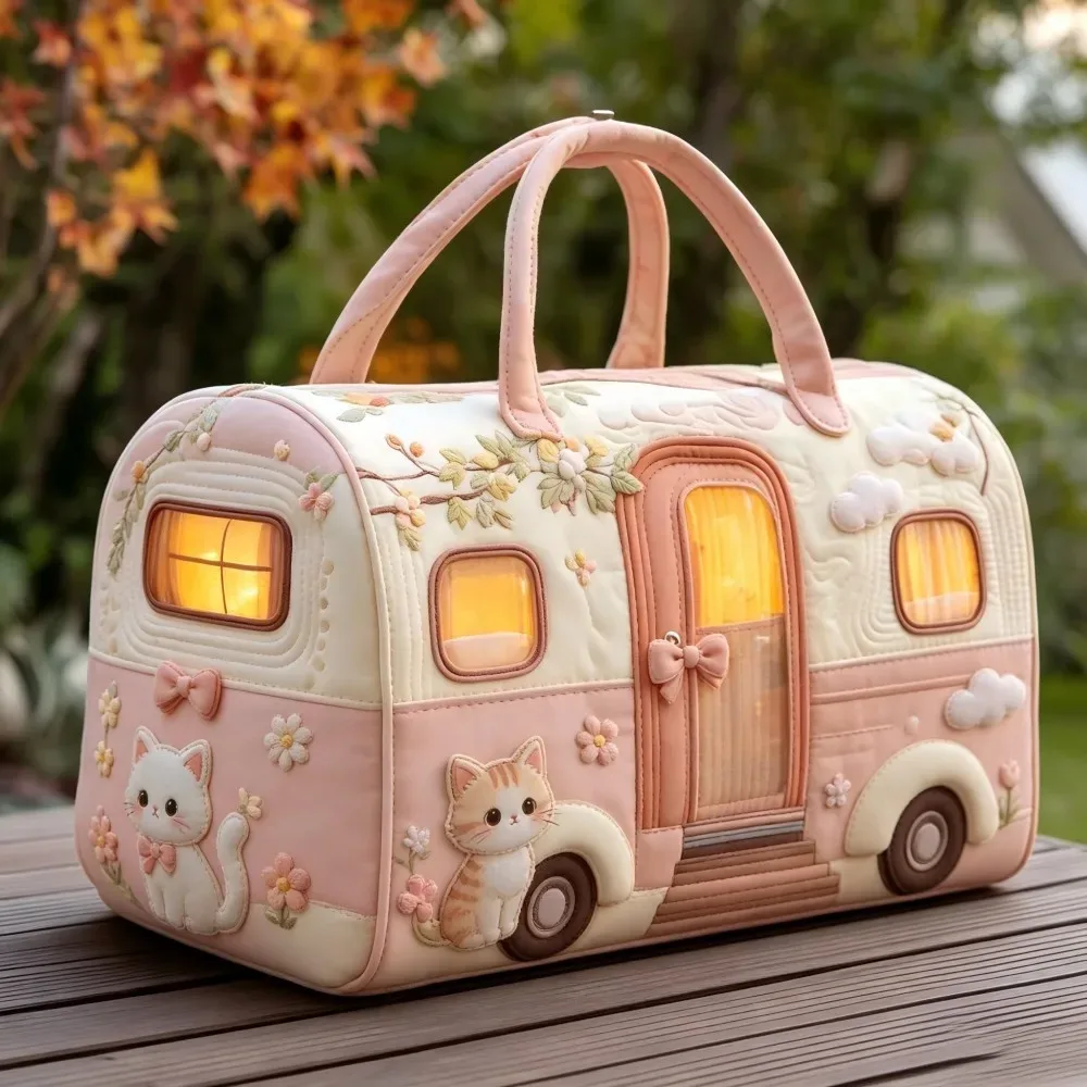 sac à main matelassé vintage de noël pour femme, motif camping-car, broderie 3d neige, citrouille, pin, lanterne, grande capacité, sac de voyage