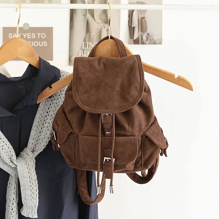 Sac à dos en daim noir pour femme, sac à bandoulière décontracté pour trajets quotidiens, sac de voyage polyvalent pour femme, sac d'école, Mochilas, Bolsa