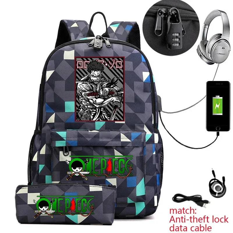 sac à dos d'école imprimé one piece zoro, antivol, pour enfants et adolescents, avec trousse à crayons