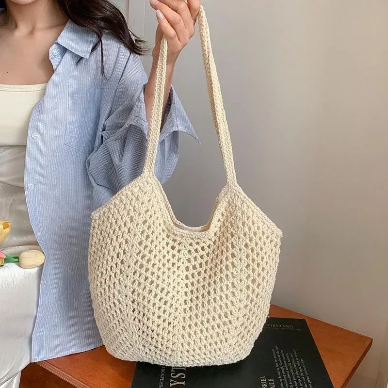 Sac fourre-tout tissé respirant, sac à bandoulière de plage, sac de voyage décontracté ajouré pour les sorties d'une journée, la piscine et la plage