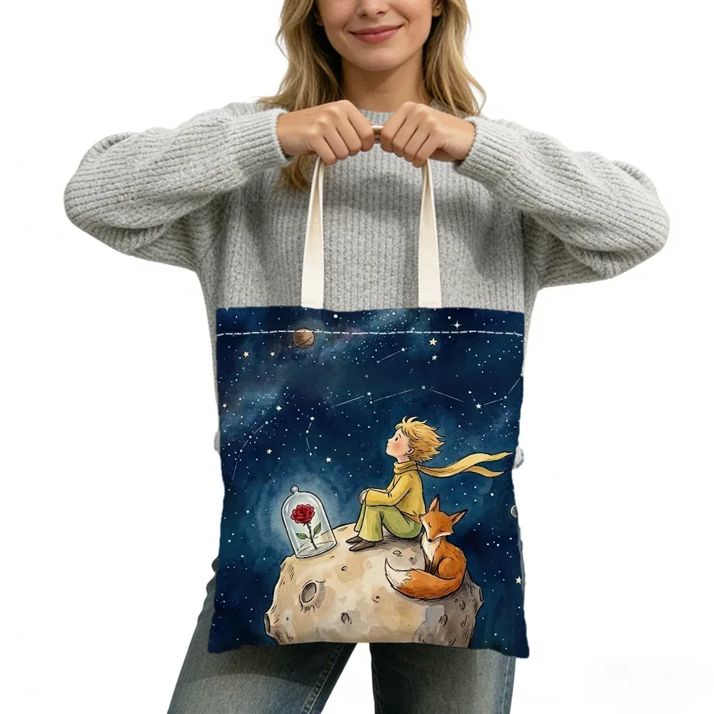 sac fourre-tout imprimé double face sans fermeture éclair, star boy cute fox cosmic rose, 40x45 cm, sac à bandoulière pour usage quotidien, shopping, apprentissage, extérieur