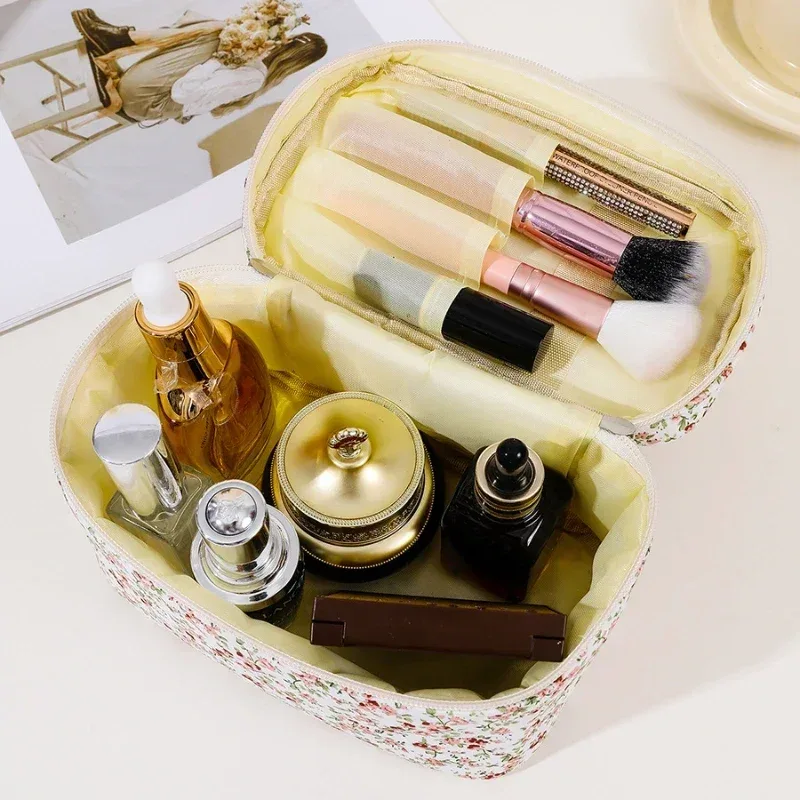 sacs de maquillage en coton pour femmes, trousse à cosmétiques vintage, fourre-tout de grande capacité, sac à main de rangement de cosmétiques portable, sac de rangement de voyage